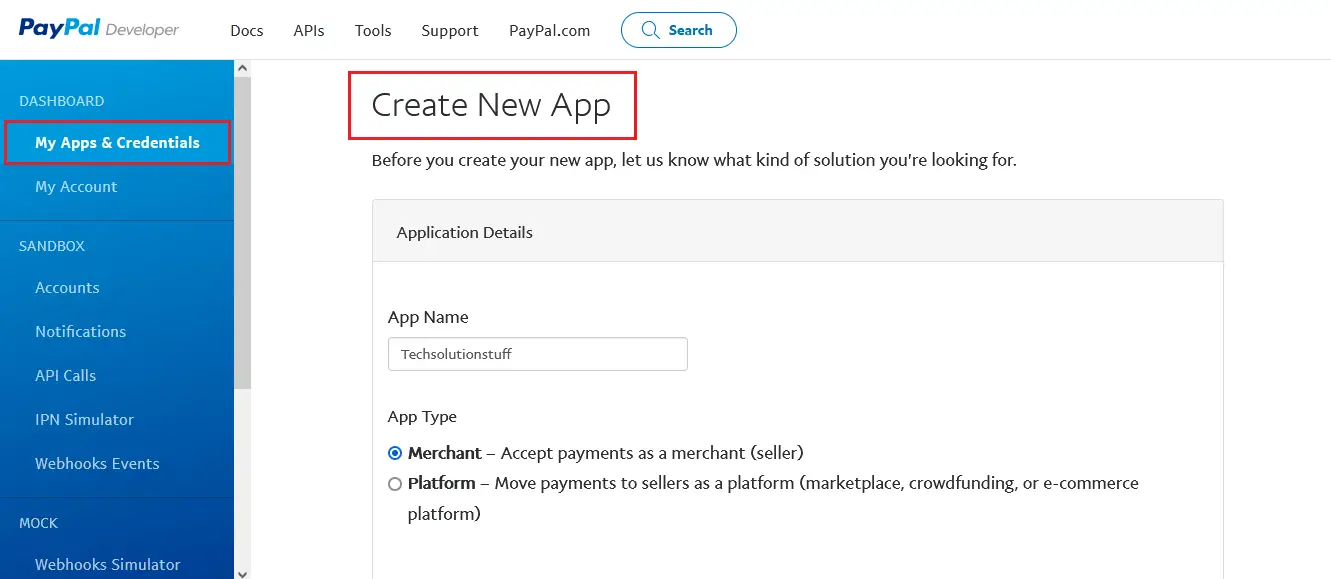 Create Paypal Application 
